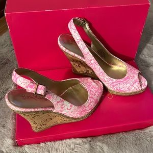 White & pink Lilly Pulitzer floral print cork wedge heel